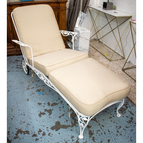 282 - SUN LOUNGER, 75cm H x 192cm L, white metal with adjustable back and cream fabric cushion.