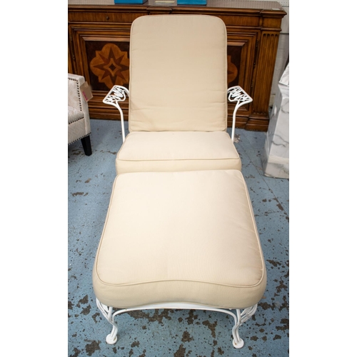 282 - SUN LOUNGER, 75cm H x 192cm L, white metal with adjustable back and cream fabric cushion.