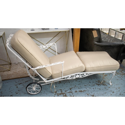 282 - SUN LOUNGER, 75cm H x 192cm L, white metal with adjustable back and cream fabric cushion.