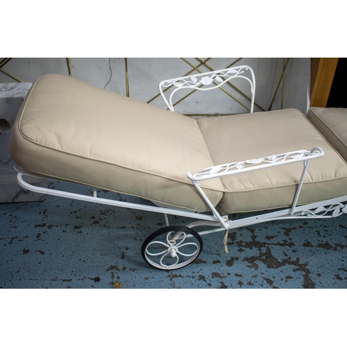 282 - SUN LOUNGER, 75cm H x 192cm L, white metal with adjustable back and cream fabric cushion.