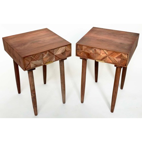 292 - LAMP TABLES, 1970s style take each with facetted drawer and tapering supports, 40cm x 40cm x 60cm H.