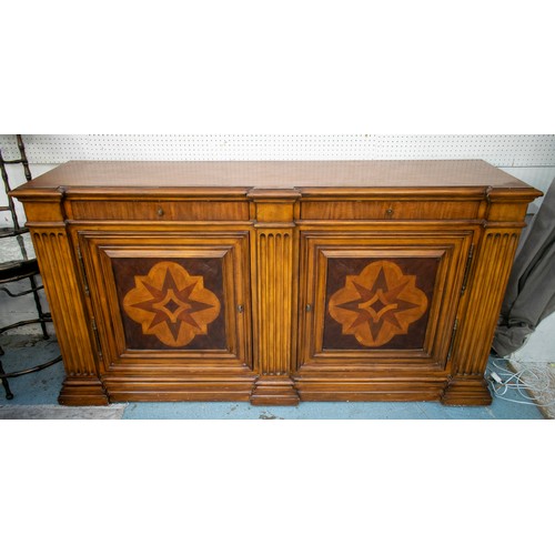 489 - ETHAN ALLEN SIDE CABINET, 93cm H x 177cm x 48cm, parquetry inlaid with two drawers above two doors.