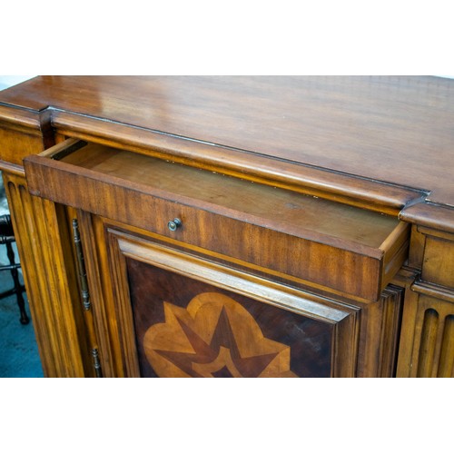 489 - ETHAN ALLEN SIDE CABINET, 93cm H x 177cm x 48cm, parquetry inlaid with two drawers above two doors.