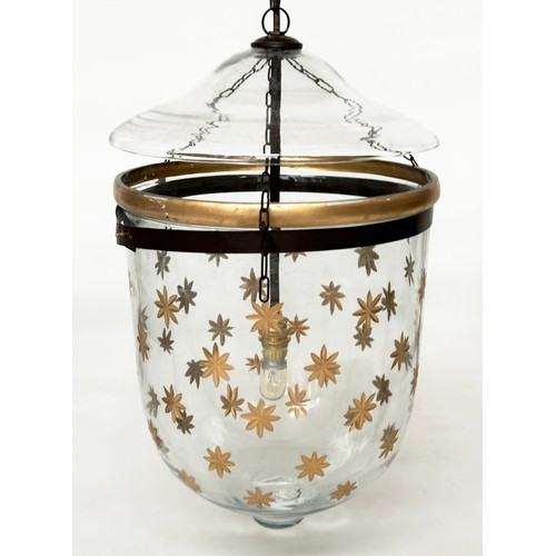 170 - CEILING LANTERN, glass bell jar, gilt star decorated, 50cm H, overall 30cm W.