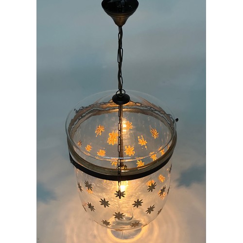 170 - CEILING LANTERN, glass bell jar, gilt star decorated, 50cm H, overall 30cm W.