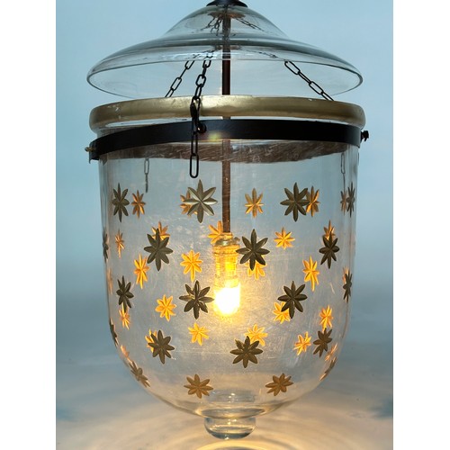 177 - CEILING HALL LANTERN, glass bell jar gilt star decorated with cover, 50cm x 30cm W.