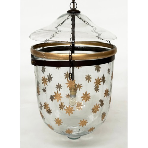 177 - CEILING HALL LANTERN, glass bell jar gilt star decorated with cover, 50cm x 30cm W.