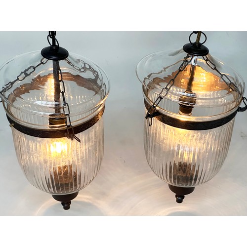 179 - BELL JAR HALL LANTERNS, a pair, glass reeded tapering and bronze style mounted, 58cm x 34cm H. (2)