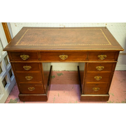 227 - PEDESTAL DESK, 73cm H x 107cm, x 60cm, late Victorian mahogany with brown leather top above nine dra... 