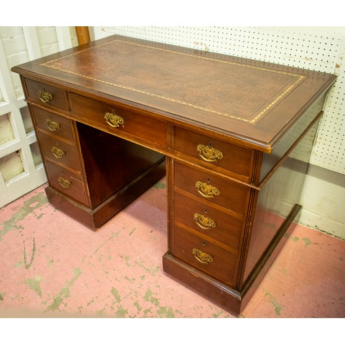 227 - PEDESTAL DESK, 73cm H x 107cm, x 60cm, late Victorian mahogany with brown leather top above nine dra... 