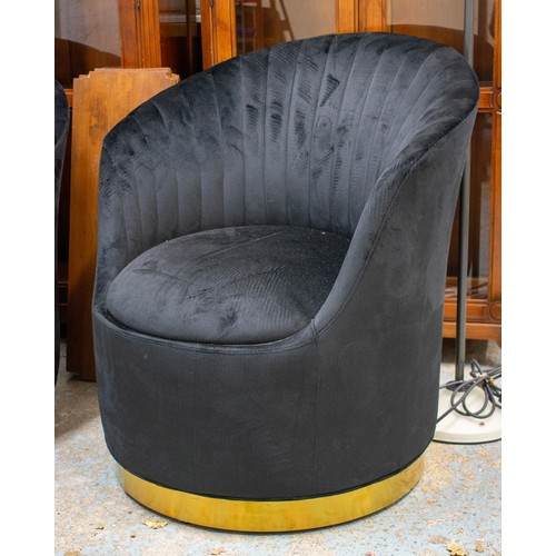 283 - SWIVEL TUB CHAIRS, 85cm H x 76cm, a pair, black velvet on brass bases. (2)