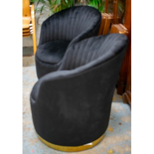 283 - SWIVEL TUB CHAIRS, 85cm H x 76cm, a pair, black velvet on brass bases. (2)