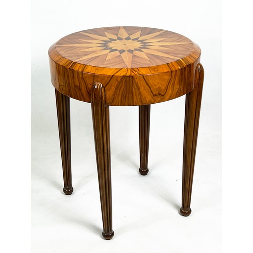 483 - CENTRE TABLE, 78cm H x 64cm, Art Deco style olivewood and satinwood with stellar inlaid circular top... 