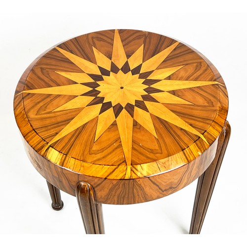 483 - CENTRE TABLE, 78cm H x 64cm, Art Deco style olivewood and satinwood with stellar inlaid circular top... 