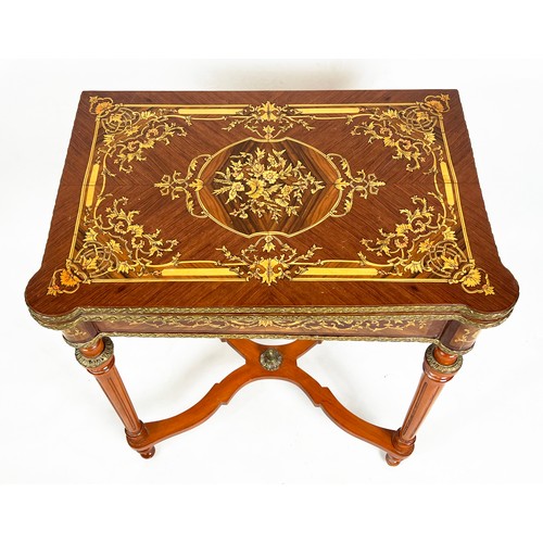 484 - CARD TABLE, 78cm H x 70cm x 46cm, Louis XVI style decorated and brass mounted with green leather pla... 