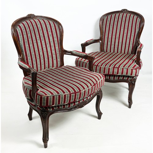 485 - FAUTEUILS, a pair, 95cm H x 70cm, Louis XV style in grey and red striped chenille. (2)