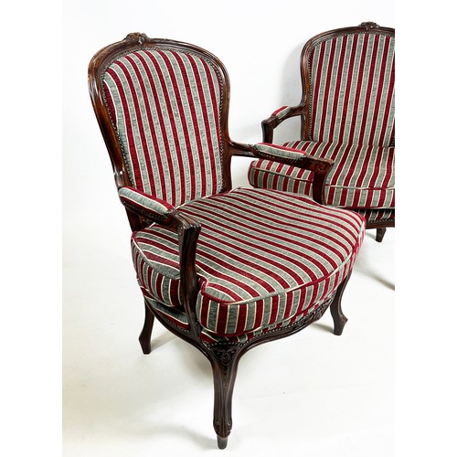 485 - FAUTEUILS, a pair, 95cm H x 70cm, Louis XV style in grey and red striped chenille. (2)