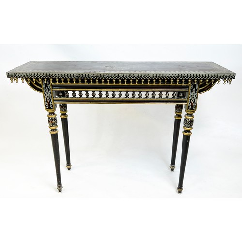 486 - CENTRE TABLE, 82cm x 122cm x 41cm, middle Eastern design walnut and painted with all around spindle ... 