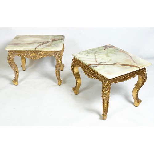 488 - LOW TABLES, 44cm H x 56cm x 46cm, a pair, Louis XV style giltwood with onyx tops. (2)