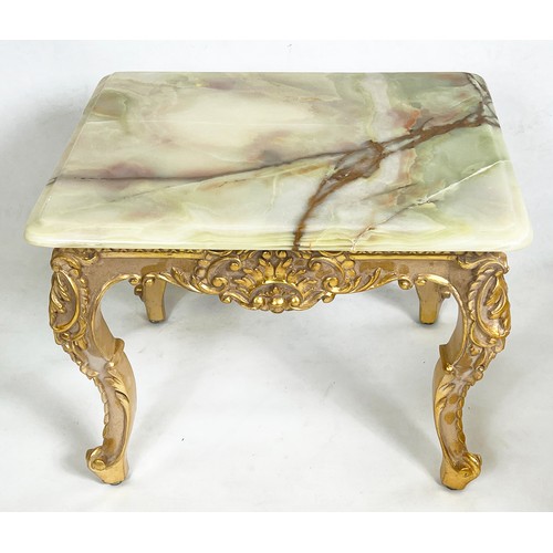 488 - LOW TABLES, 44cm H x 56cm x 46cm, a pair, Louis XV style giltwood with onyx tops. (2)