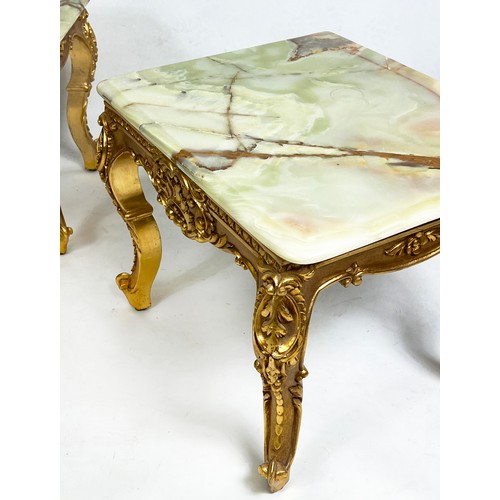 488 - LOW TABLES, 44cm H x 56cm x 46cm, a pair, Louis XV style giltwood with onyx tops. (2)