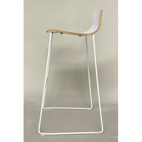 298 - BAR STOOLS, a pair, stacking with white seats and metal supports, 55cm W x 90cm H. (2)