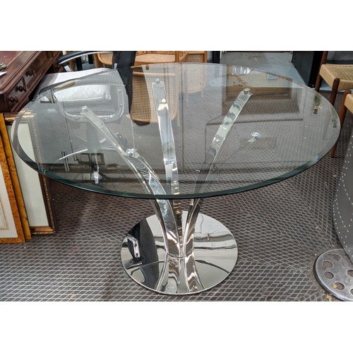 374 - DINING TABLE, 120cm W x 77cm, circular glass top on a polished metal base.