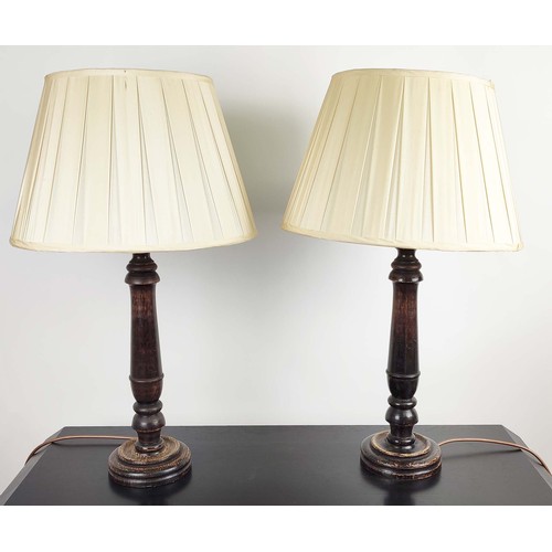 380 - TABLE LAMPS, a pair, turned wood columns, each 74cm H including shades. (2)