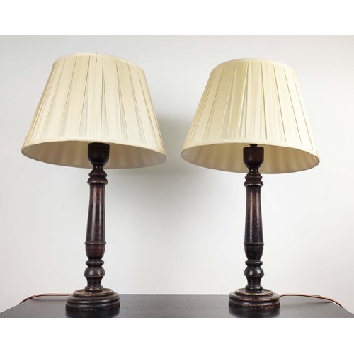 380 - TABLE LAMPS, a pair, turned wood columns, each 74cm H including shades. (2)