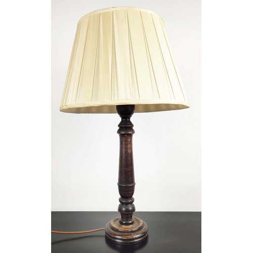 380 - TABLE LAMPS, a pair, turned wood columns, each 74cm H including shades. (2)