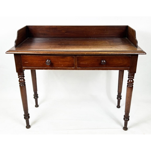 168 - WRITING TABLE, 91cm H x 112cm W x 52cm D, Victorian mahogany with 3/4 gallery and two drawers.