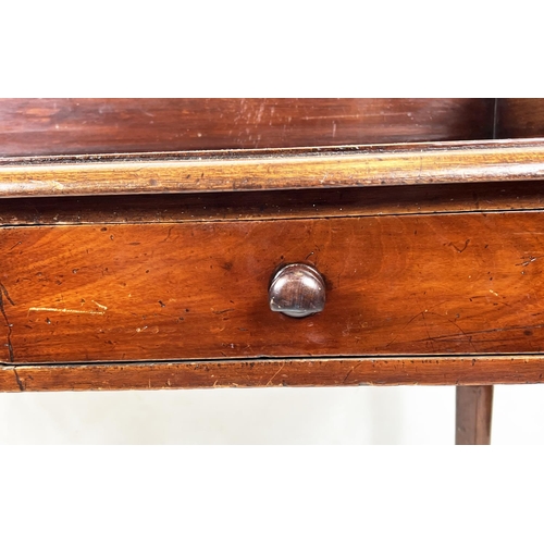 168 - WRITING TABLE, 91cm H x 112cm W x 52cm D, Victorian mahogany with 3/4 gallery and two drawers.