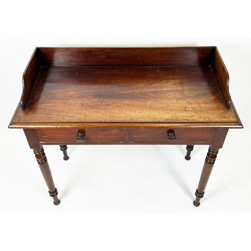 168 - WRITING TABLE, 91cm H x 112cm W x 52cm D, Victorian mahogany with 3/4 gallery and two drawers.