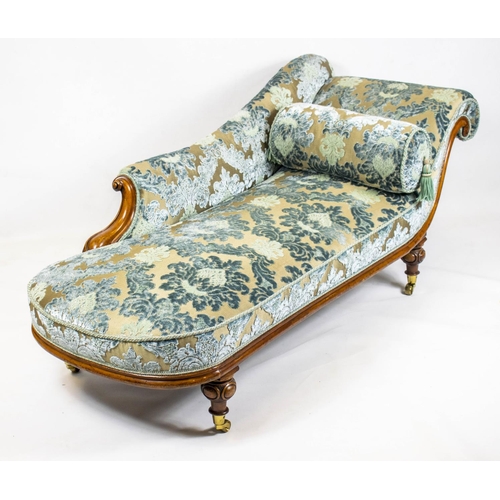 163 - CHAISE LONGUE, 71cm H x 164cm x 64cm, mid Victorian walnut, circa 1860, in blue and green cut velvet... 