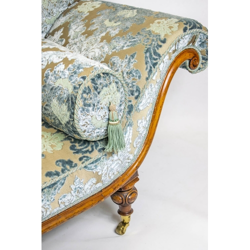 163 - CHAISE LONGUE, 71cm H x 164cm x 64cm, mid Victorian walnut, circa 1860, in blue and green cut velvet... 