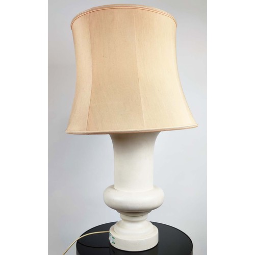 135 - TABLE LAMP, white ceramic, with shade, 92cm high, 55cm diameter.