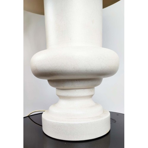 135 - TABLE LAMP, white ceramic, with shade, 92cm high, 55cm diameter.