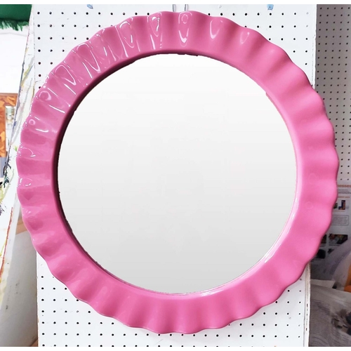 132 - WALL MIRROR, pink ceramic frame, 50cm.