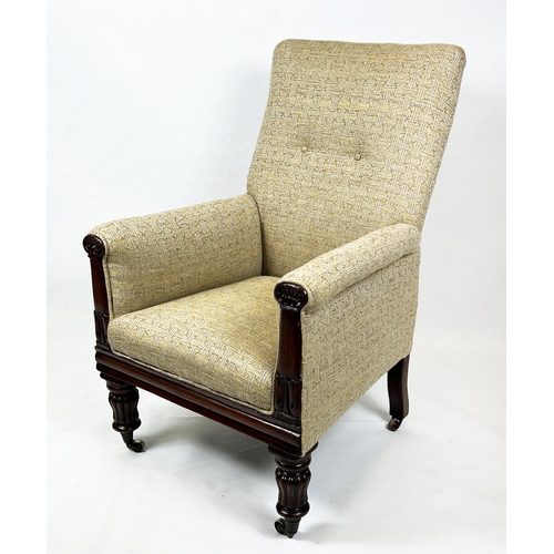 283 - LIBRARY ARMCHAIR, 111cm H x 72cm, William IV mahogany in patterned fabric on brass castors.