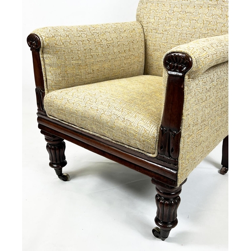 283 - LIBRARY ARMCHAIR, 111cm H x 72cm, William IV mahogany in patterned fabric on brass castors.