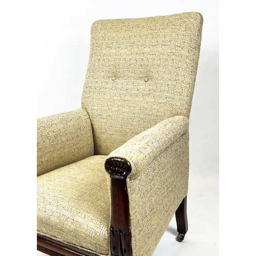 283 - LIBRARY ARMCHAIR, 111cm H x 72cm, William IV mahogany in patterned fabric on brass castors.