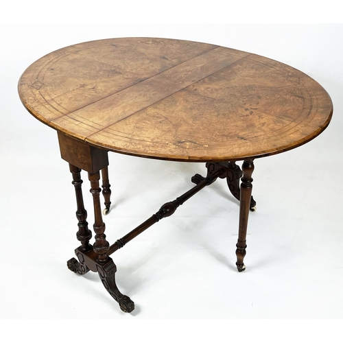 280 - SUTHERLAND TABLE, 72cm H x 90cm D, 116cm open, Victorian burr walnut and inlaid, circa 1865, with ov... 