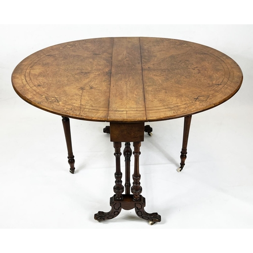 280 - SUTHERLAND TABLE, 72cm H x 90cm D, 116cm open, Victorian burr walnut and inlaid, circa 1865, with ov... 