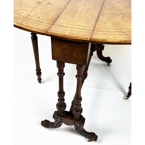 280 - SUTHERLAND TABLE, 72cm H x 90cm D, 116cm open, Victorian burr walnut and inlaid, circa 1865, with ov... 