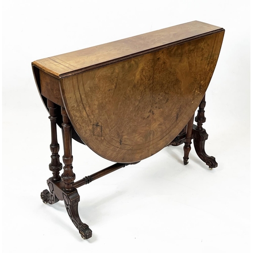 280 - SUTHERLAND TABLE, 72cm H x 90cm D, 116cm open, Victorian burr walnut and inlaid, circa 1865, with ov... 