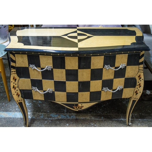 182 - BOMBE COMMODE, 83cm H x 129cm W x 65cm D, Louis XV style birds eye maple and ebonised chequer parque... 