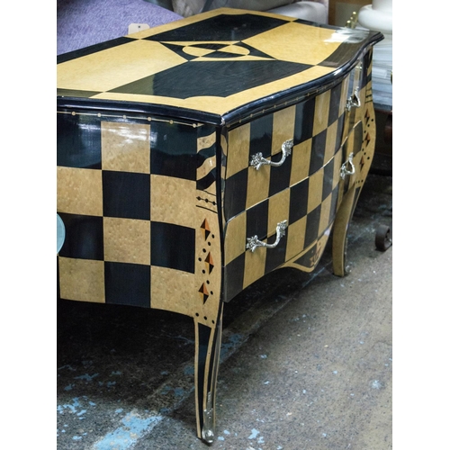 182 - BOMBE COMMODE, 83cm H x 129cm W x 65cm D, Louis XV style birds eye maple and ebonised chequer parque... 