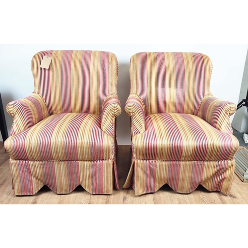 184 - ARMCHAIRS, a pair, each 79cm H x 65cm W, in rainbow striped upholstery with scalloped shirts. (2)