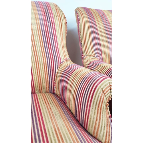 184 - ARMCHAIRS, a pair, each 79cm H x 65cm W, in rainbow striped upholstery with scalloped shirts. (2)