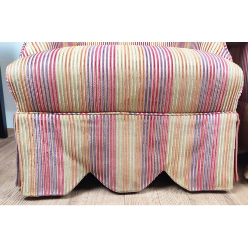 184 - ARMCHAIRS, a pair, each 79cm H x 65cm W, in rainbow striped upholstery with scalloped shirts. (2)